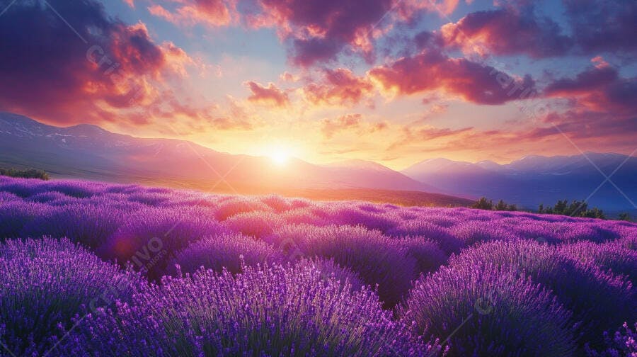 Campo de lavanda roxa ao pôr do sol com montanhas distantes
