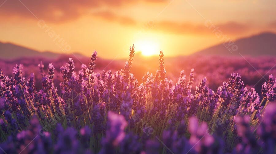 Campo de lavanda roxa ao pôr do sol dourado em montanhas