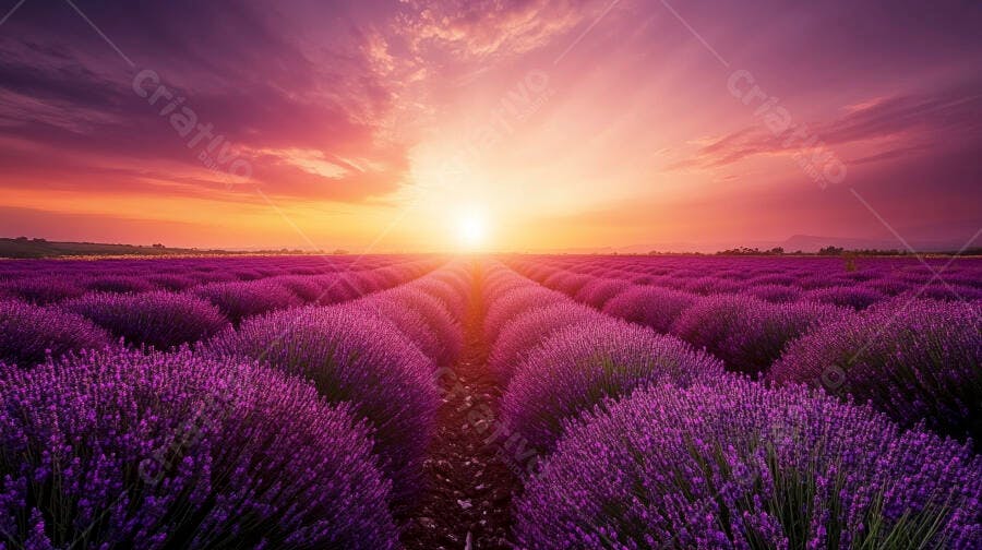 Campo de lavanda roxa ao pôr do sol com céu laranja e rosa dramático