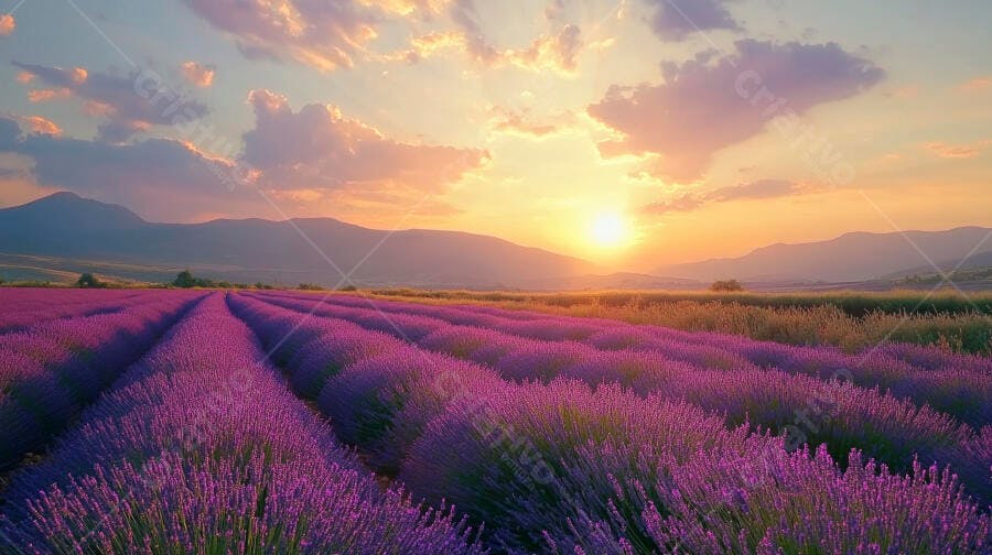 Campo de lavanda roxo ao pôr do sol com montanhas distantes
