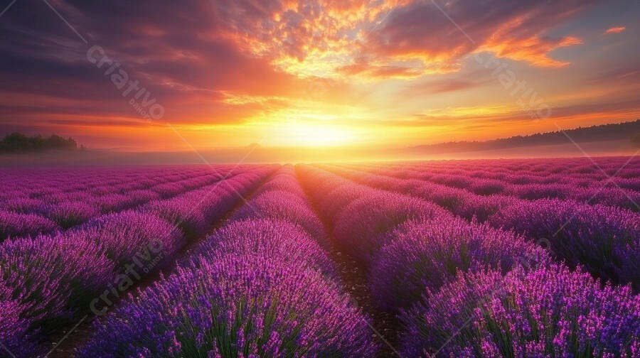 Campo de lavanda roxa ao nascer do sol cores vibrantes no céu