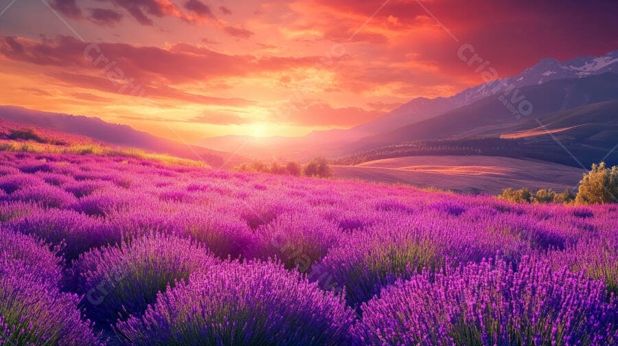 Campo de lavanda roxa ao pôr do sol laranja e vermelho nas montanhas