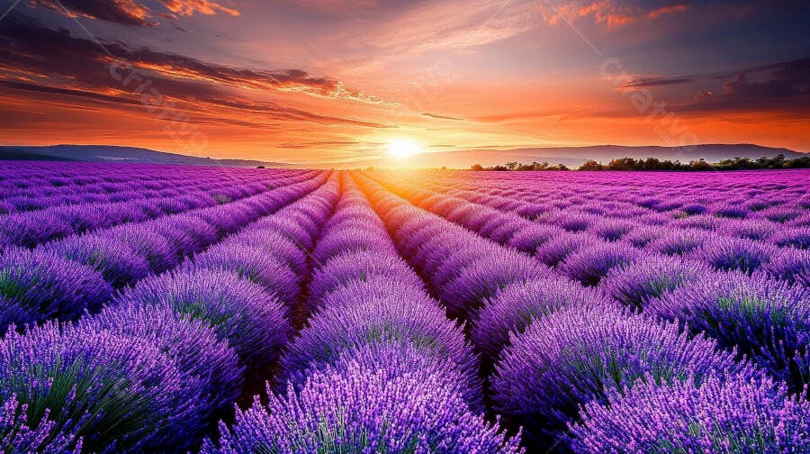 Campo de lavanda roxa ao pôr do sol vibrante