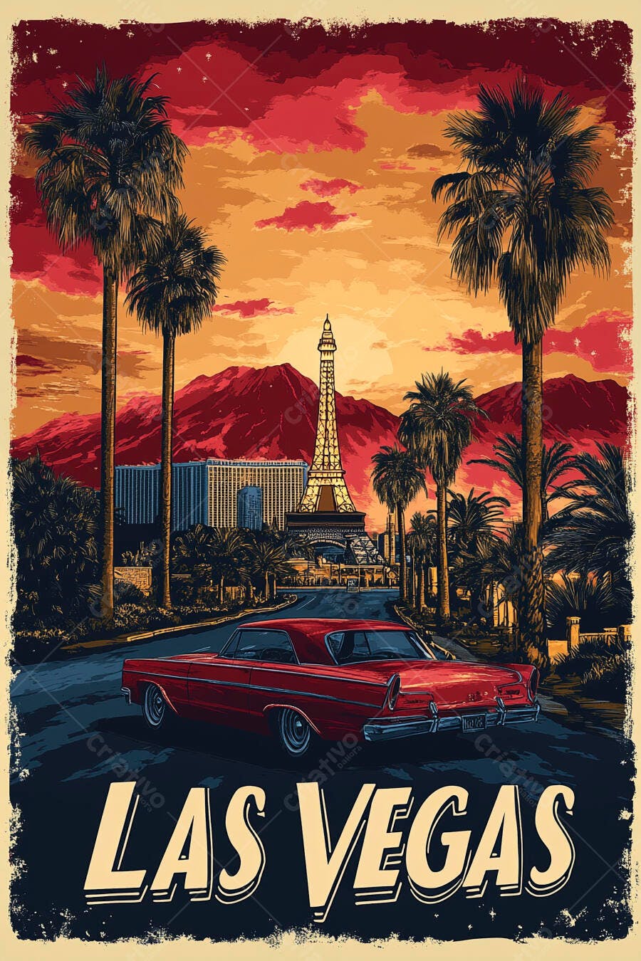 Carro vermelho vintage em Las Vegas palmeiras e pôr do sol vibrante