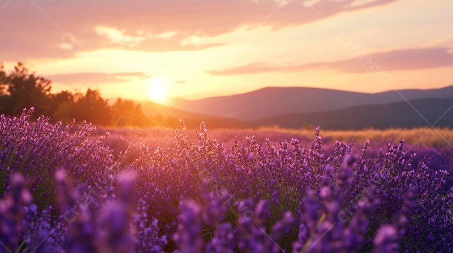 Campo de lavanda roxa ao pôr do sol com montanhas no horizonte paisagem natural