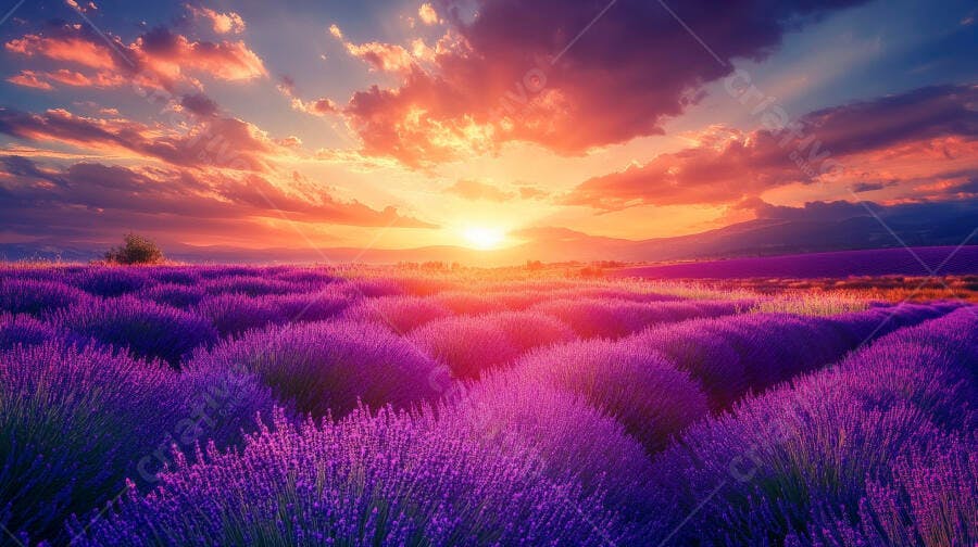 Campo de lavanda roxo vibrante ao pôr do sol com céu laranja