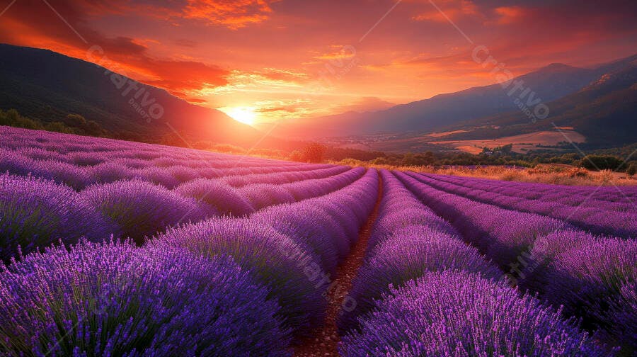 Campo de lavanda roxa ao pôr do sol laranja nas montanhas