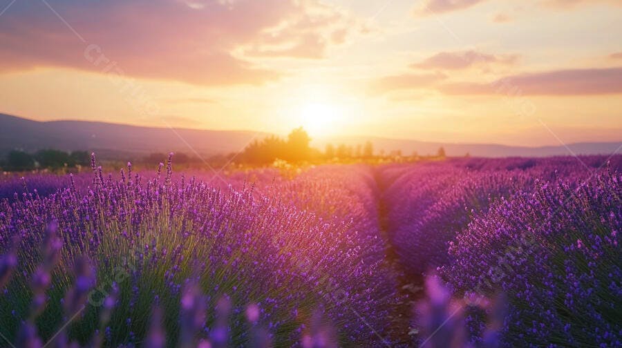 Campo de lavanda roxa vibrante ao pôr do sol com céu alaranjado