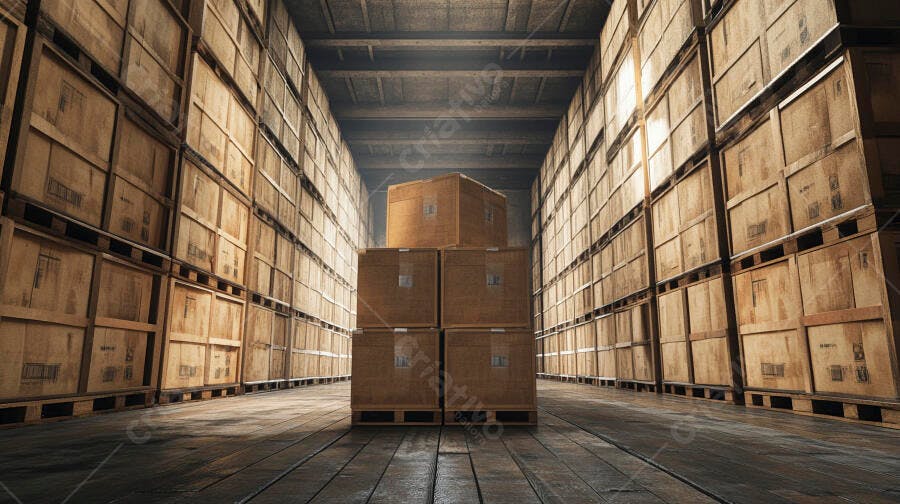 Armazém industrial com caixas de madeira empilhadas em logística de transporte