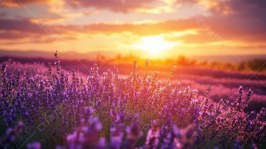 Campo de lavanda roxa e vibrante ao pôr do sol dourado