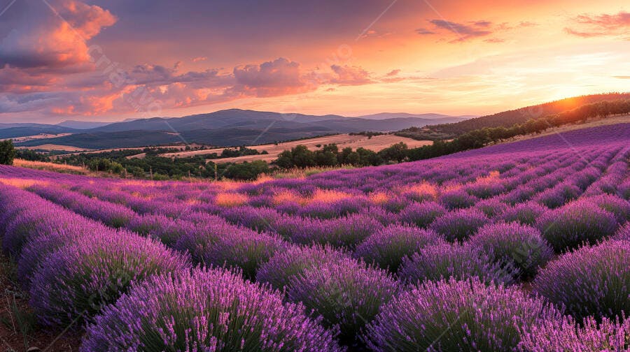 Campo de lavanda roxa ao pôr do sol com céu laranja e montanhas distantes