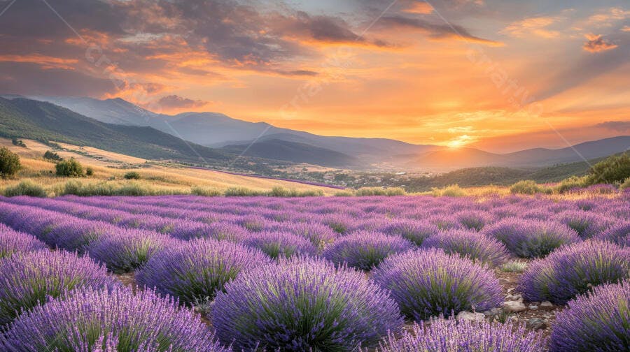 Campo de lavanda roxa ao pôr do sol dourado com montanhas distantes