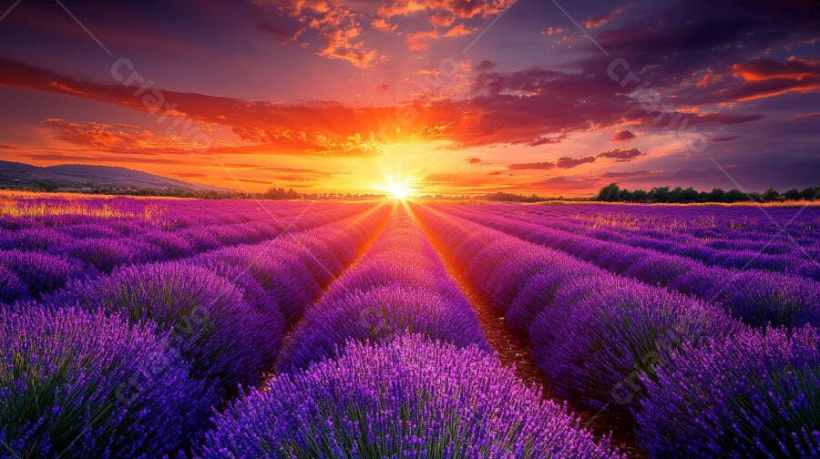 Campo de lavanda roxa vibrante ao pôr do sol laranja no horizonte