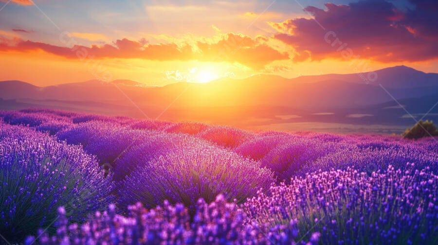 Campo de lavanda roxa ao pôr do sol laranja e rosa nas montanhas