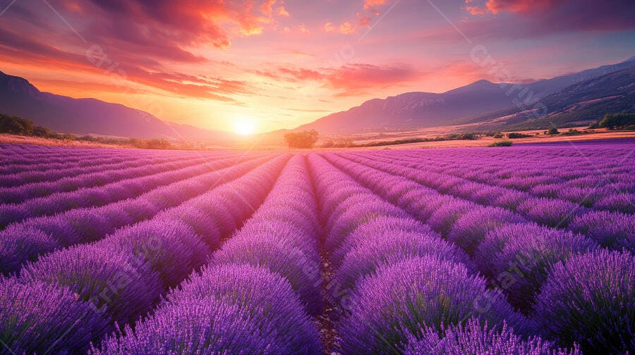 Campo de lavanda roxa ao pôr do sol com montanhas distantes
