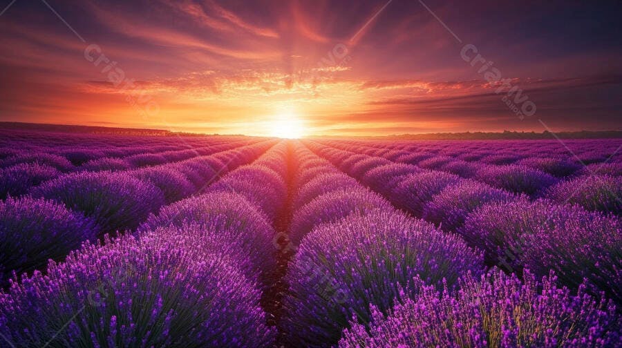 Campo de lavanda roxa ao pôr do sol com céu laranja e nuvens dramáticas