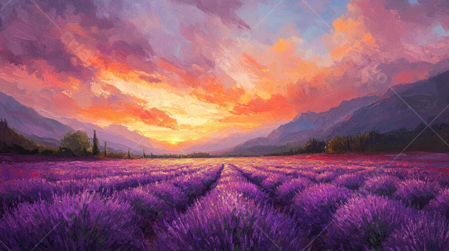 Campo de lavanda roxo ao pôr do sol com montanhas e céu alaranjado vibrante