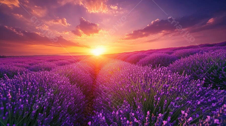 Campo de lavanda roxa ao pôr do sol com céu laranja e rosa