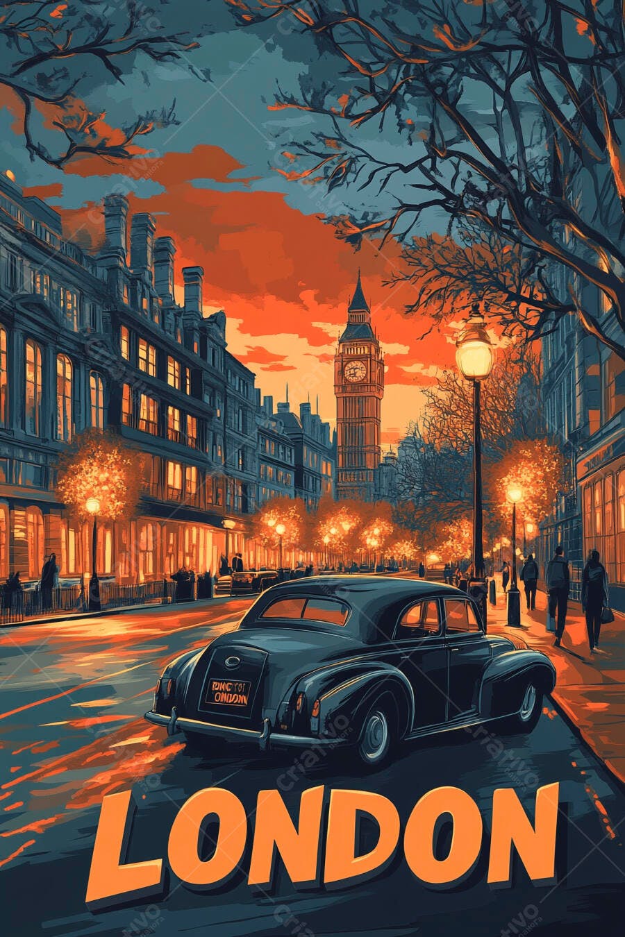 Londres rua com carro vintage Big Ben ao pôr do sol vibrante