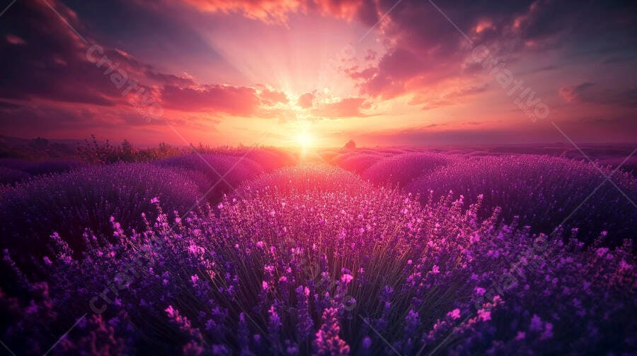 Campo de lavanda roxa ao pôr do sol com céu vibrante rosa e laranja
