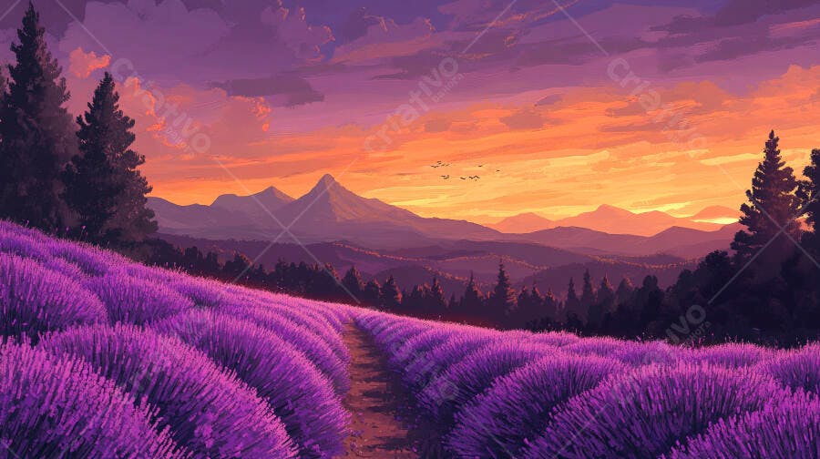 Campo de lavanda roxa com caminho montanhas e céu alaranjado ao entardecer