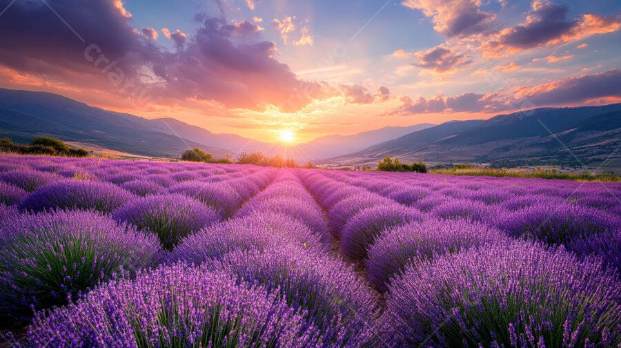 Campo de lavanda roxa ao pôr do sol com montanhas distantes
