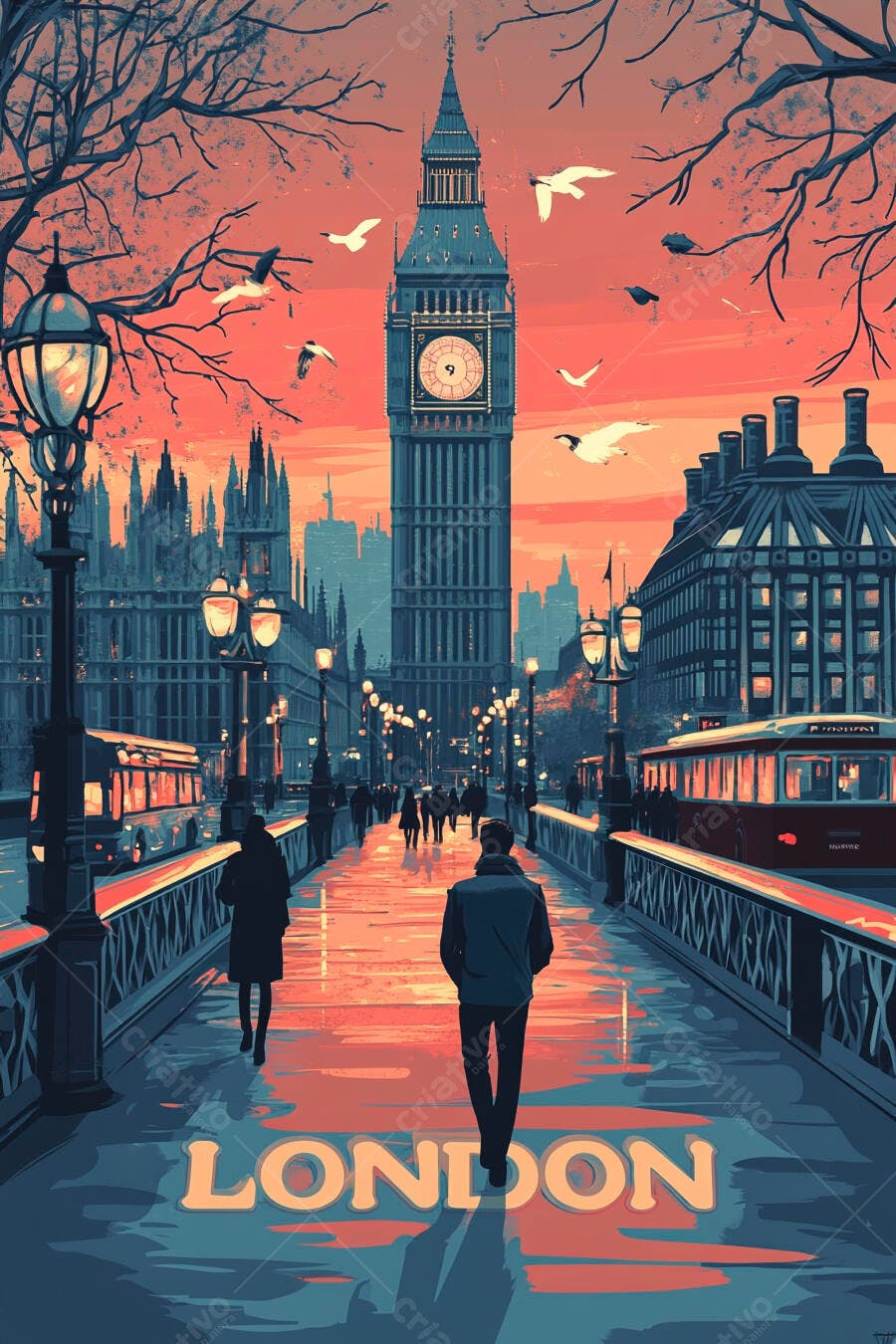 Big Ben e ponte de Londres ao pôr do sol com pessoas andando e céu laranja