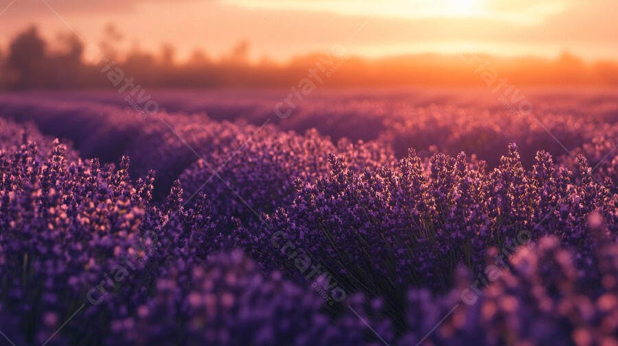 Campo de lavanda roxa ao pôr do sol dourado na Provença