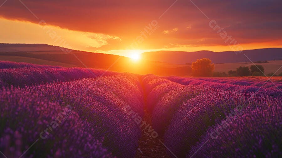 Campo de lavanda roxa ao pôr do sol laranja com céu dramático
