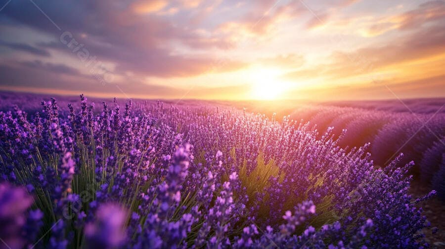 Campo de lavanda roxa e vibrante ao pôr do sol dourado e laranja