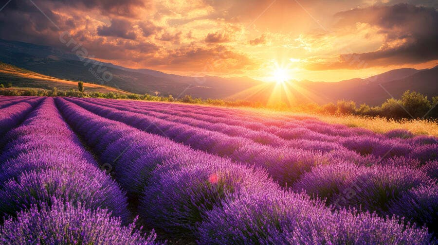 Campo de lavanda roxa ao pôr do sol nas montanhas