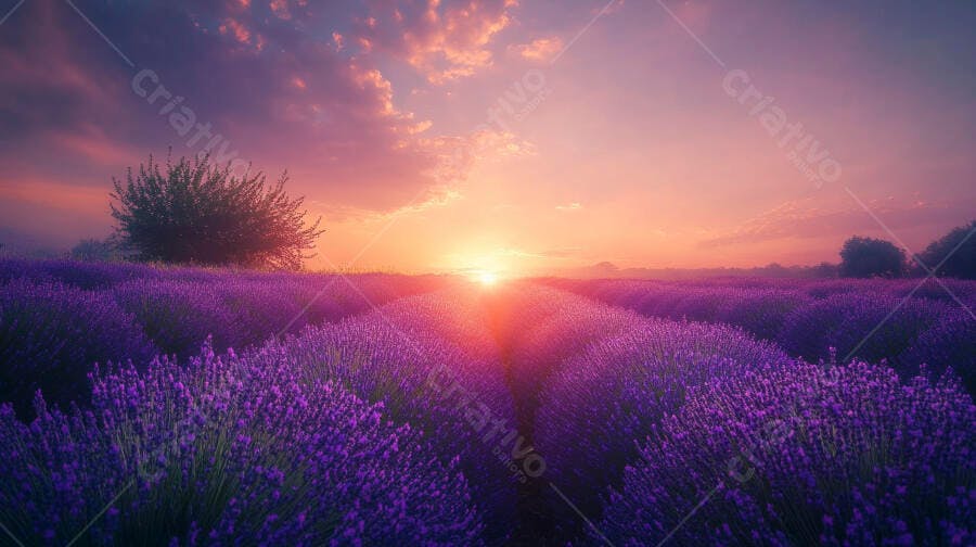 Campo de lavanda roxa ao amanhecer com sol laranja no horizonte