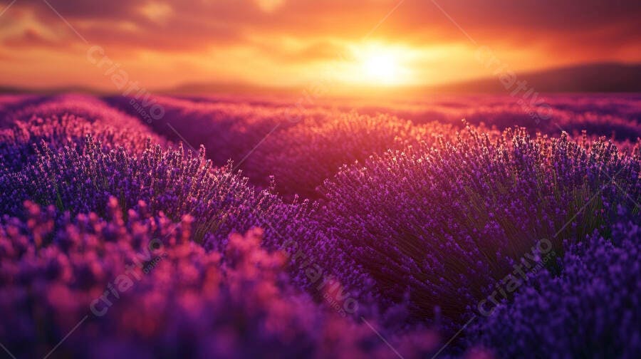 Campo de lavanda roxa ao pôr do sol com céu laranja vibrante
