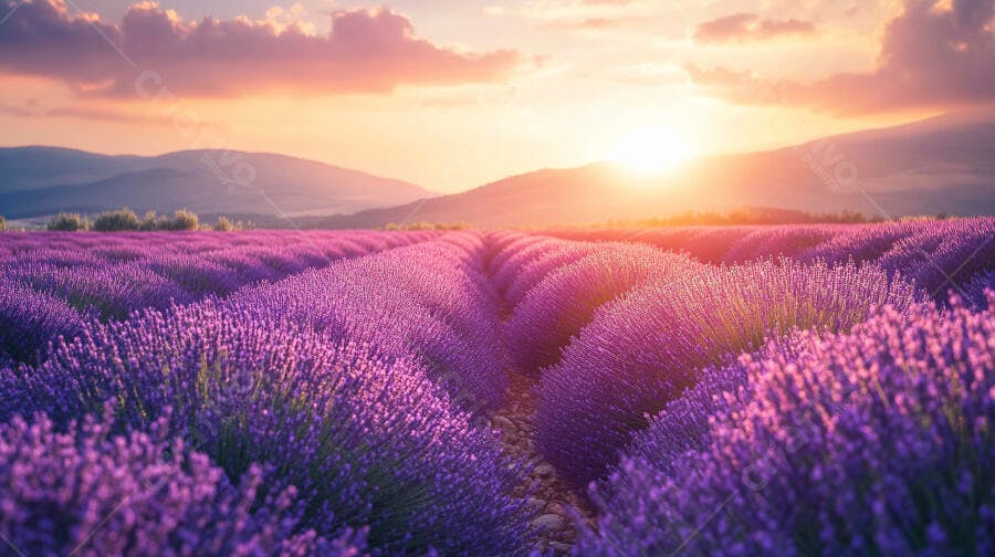 Campo de lavanda roxa e vibrante sob o pôr do sol dourado nas montanhas
