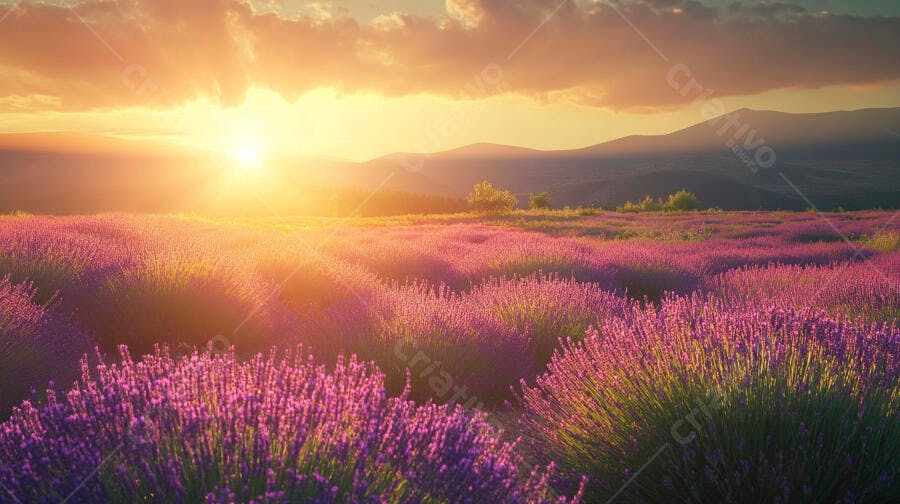 Campo de lavanda roxa ao pôr do sol dourado com montanhas no horizonte