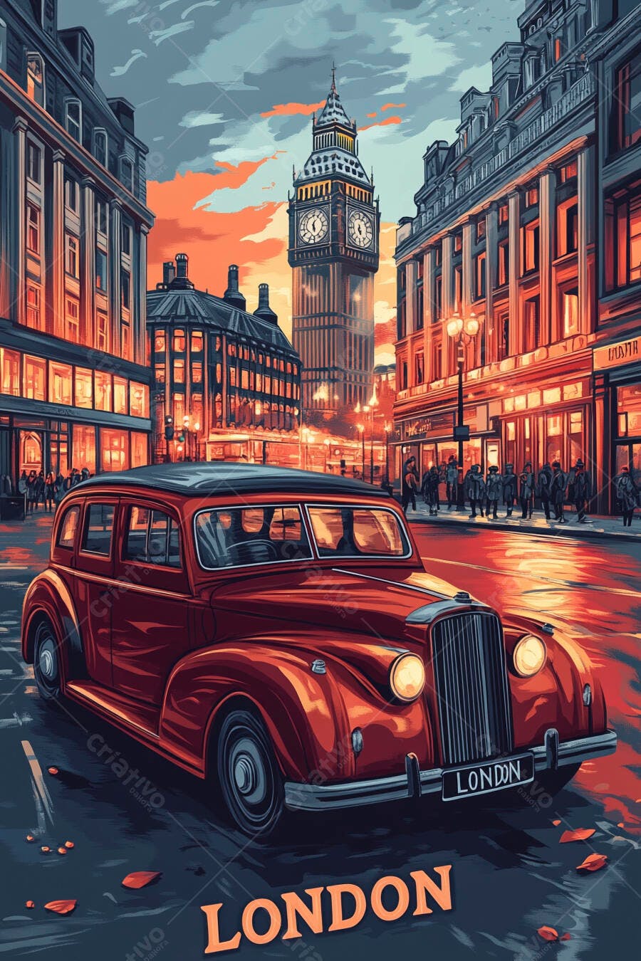 Carro vintage vermelho em rua de Londres com Big Ben ao pôr do sol