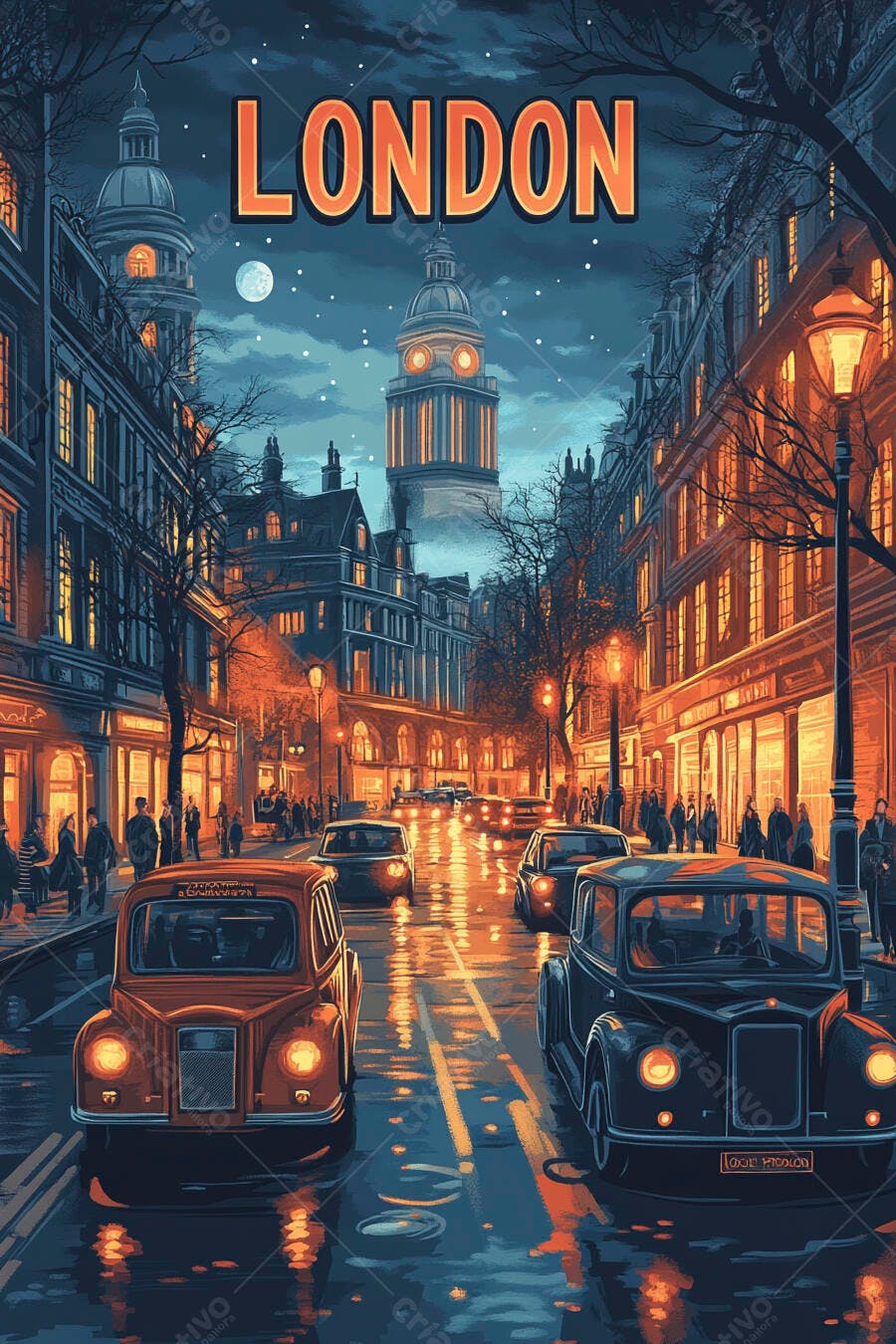 Rua de Londres à noite com carros clássicos e torre do relógio iluminada arte vintage