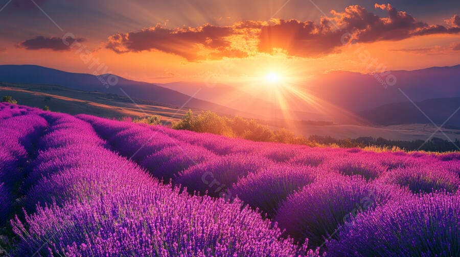 Lavanda roxa vibrante em campo ao pôr do sol nas montanhas
