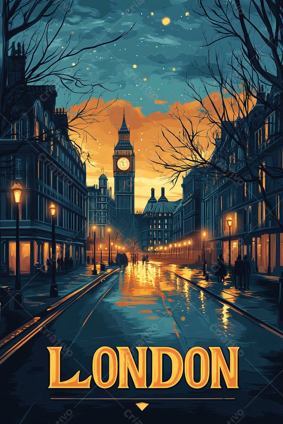 Rua de Londres com Big Ben ao entardecer chuvoso e reflexos luminosos