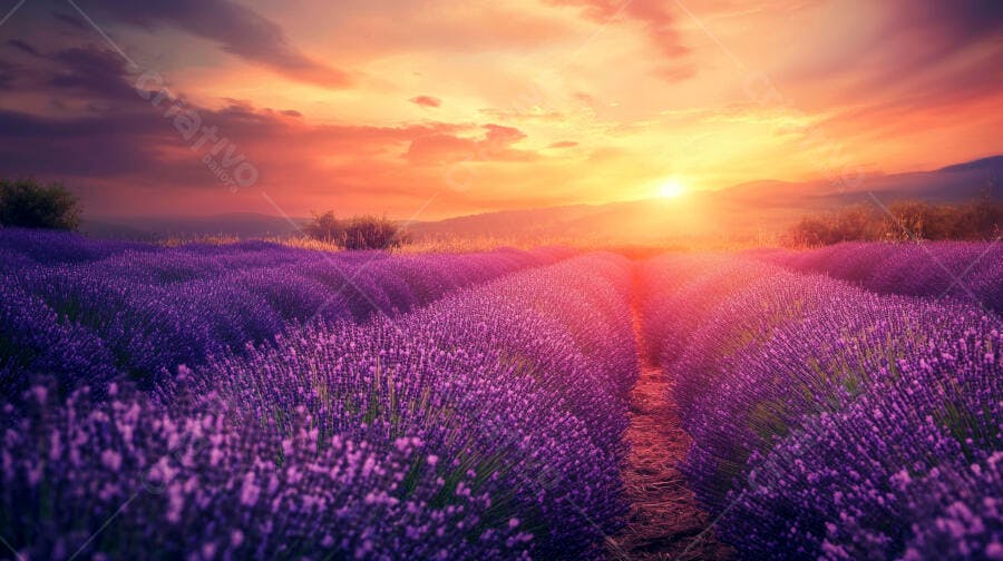 Campo de lavanda roxa ao pôr do sol com céu vibrante laranja