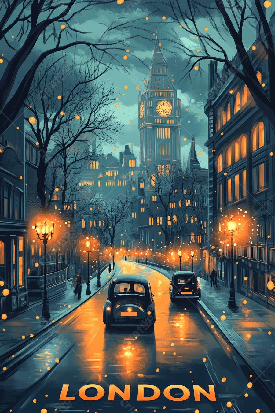 Londres noturna com carros antigos Big Ben e luzes vibrantes