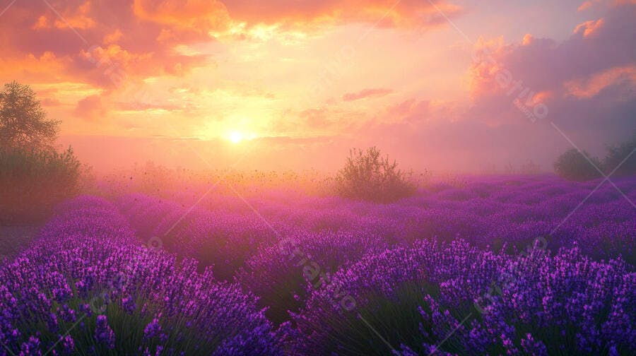 Campo de lavanda roxa ao amanhecer com céu laranja e névoa