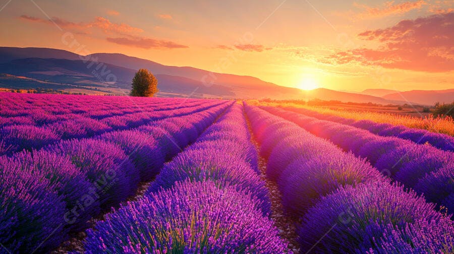 Campo de lavanda roxo ao pôr do sol com montanhas e árvore solitária