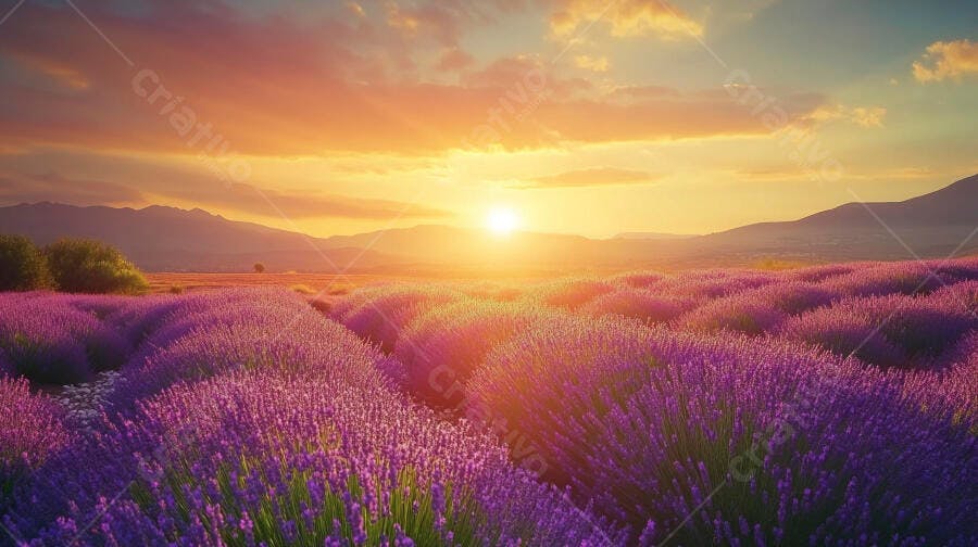 Campo de lavanda roxa ao pôr do sol dourado com montanhas distantes