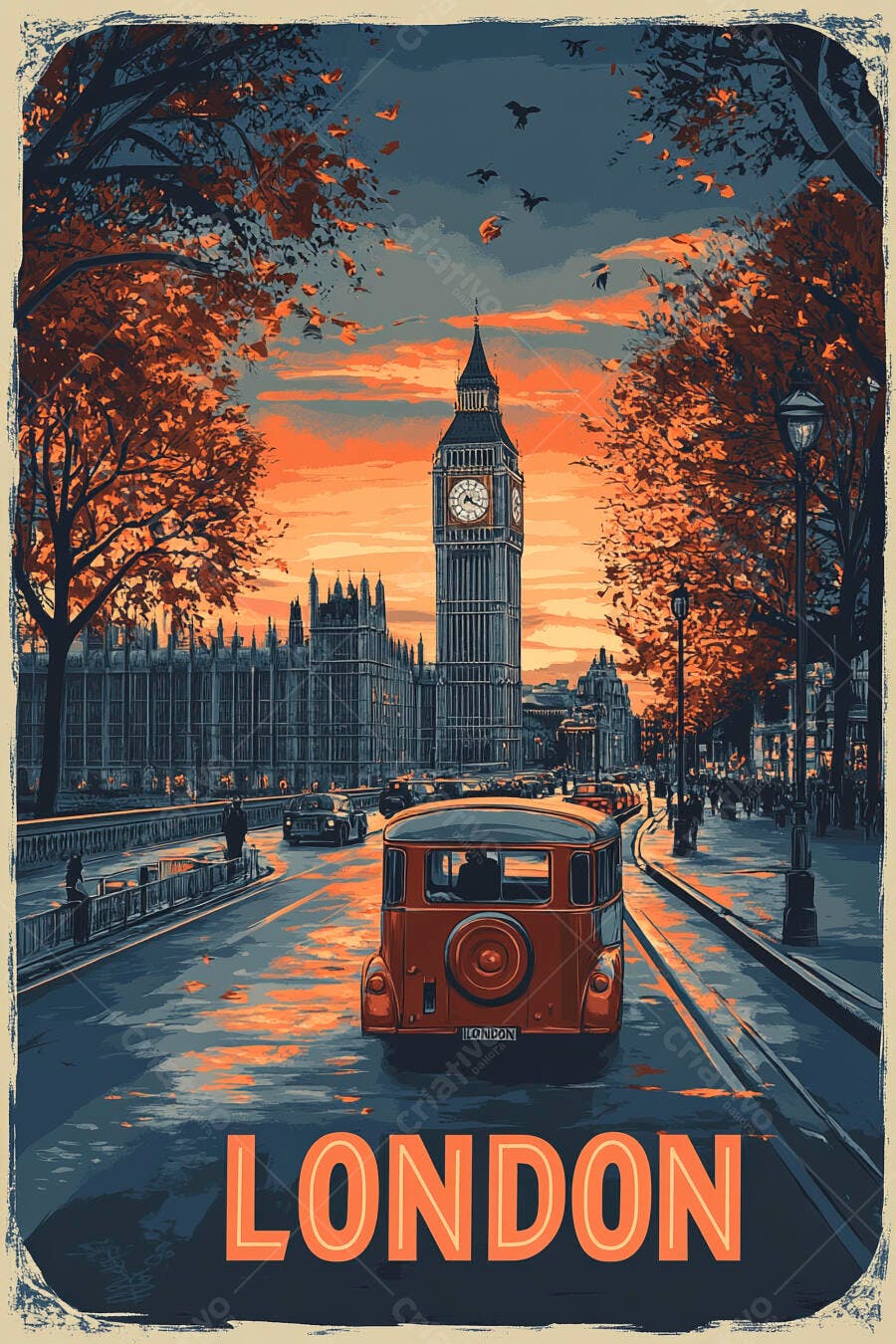 Big Ben e ônibus vintage em rua de Londres ao pôr do sol outono laranja