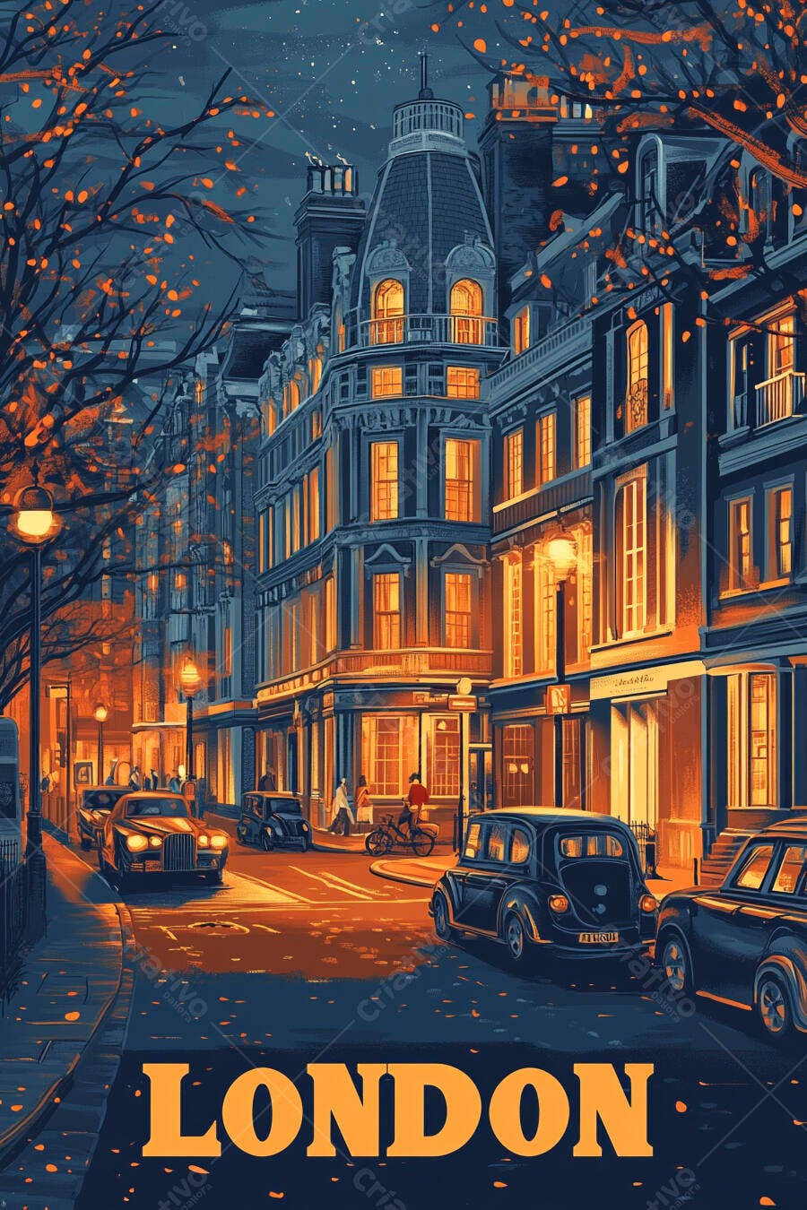 Rua noturna de Londres com edifícios iluminados carros antigos e árvores laranja