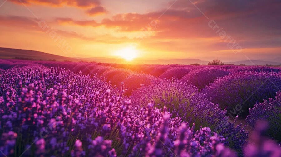 Campo de lavanda roxa ao pôr do sol com céu laranja e dourado