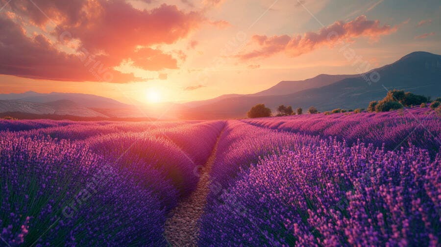 Campo de lavanda roxo alaranjado ao pôr do sol com montanhas distantes