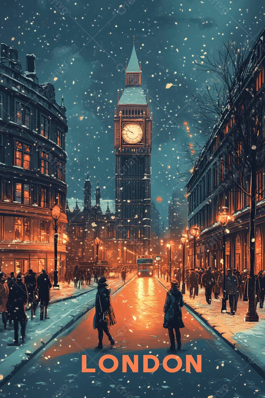 Big Ben ilustrado com neve caindo em rua movimentada de Londres à noite