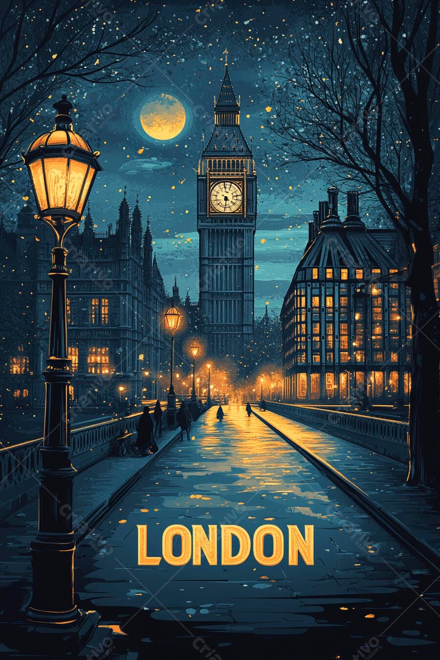 Londres noite com Big Ben e ponte iluminada sob a lua cheia